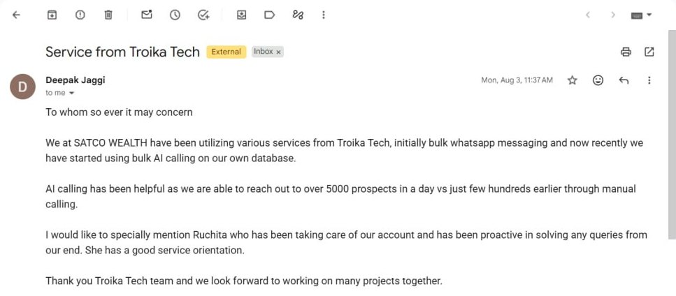 Email from Deepak Jaggi of Satco Wealth about Troika Tech AI calling