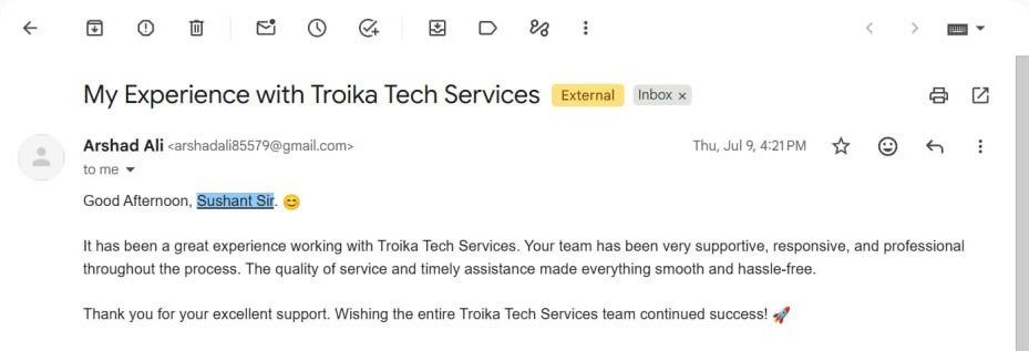 Email from Parvej Sayyad of Adarsh Seva Sansthan about Troika Tech AI calling