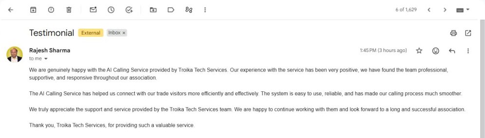 Email from Rajesh K. Sharma of S D Promo Media Pvt Ltd about Troika Tech AI calling