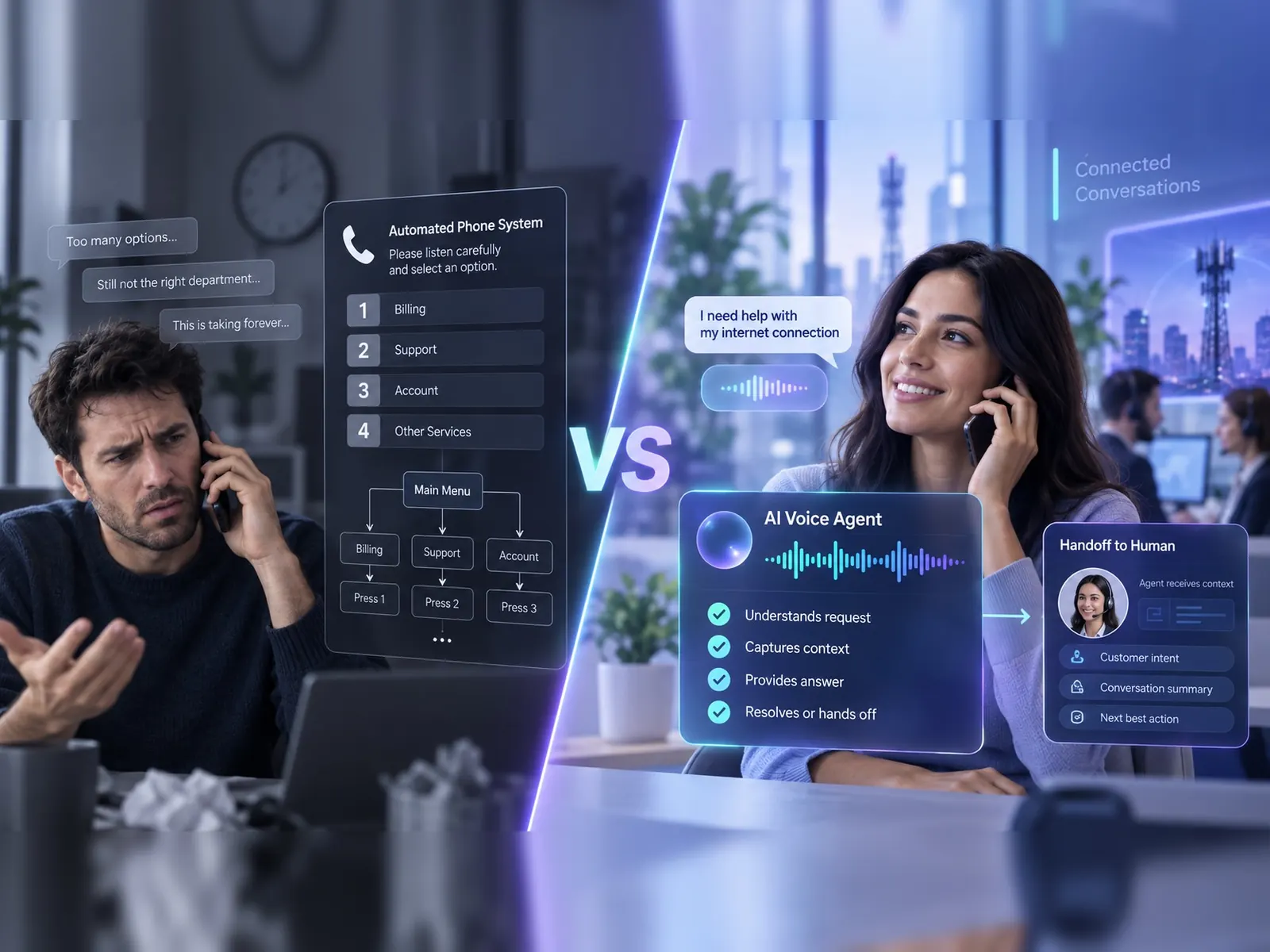 An automated phone menu on one side and a Troika AI conversation with live handoff on the other